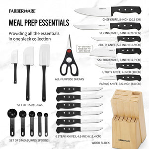 125-Piece Household Tool Kit & Farberware 22-Piece Never Needs Sharpening Triple Rivet High-Carbon Stainless Steel Knife Block and Kitchen Tool Set, Black