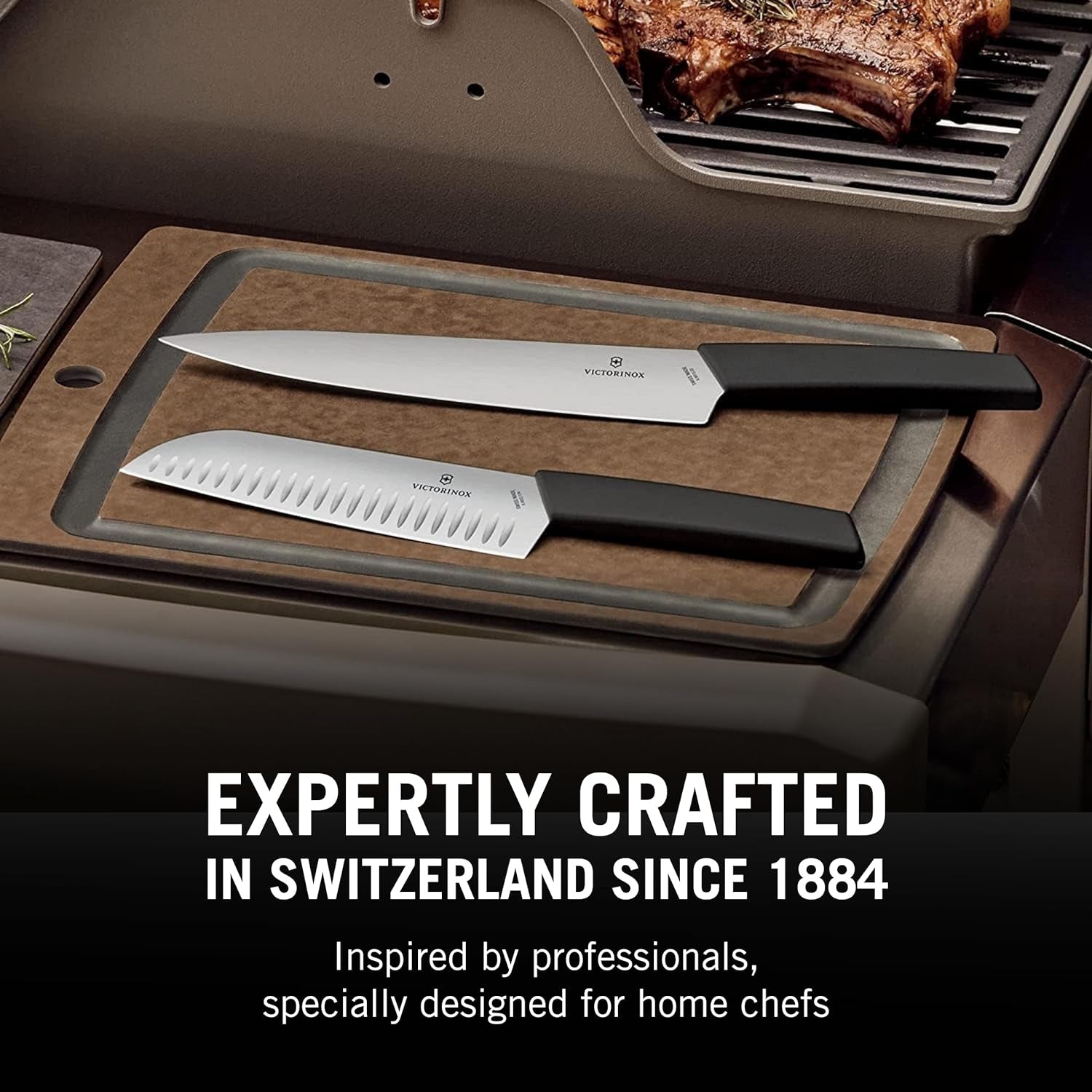 6.9053.17KB Swiss Modern Santoku Knife for General-Purpose Slicing, Dicing, Mincing, and Everything in between Fluted Edge Blade in Black, 6.7 Inches