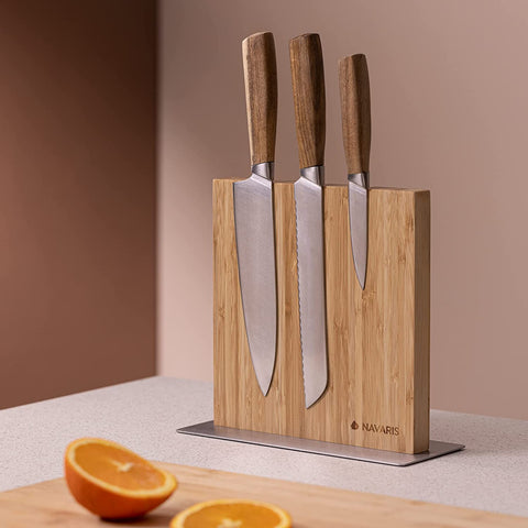 Image of Wood Magnetic Knife Block - Double Sided Wooden Magnet Holder Board Stand for Kitchen Knives, Scissors, Metal Utensils - Bamboo, 8.9 X 8.7 In