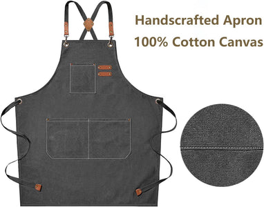 Chef Aprons for Men Women with Large Pockets, Cotton Canvas Cross Back Heavy Duty Adjustable Work Apron, Size M to Xxl(Grey)