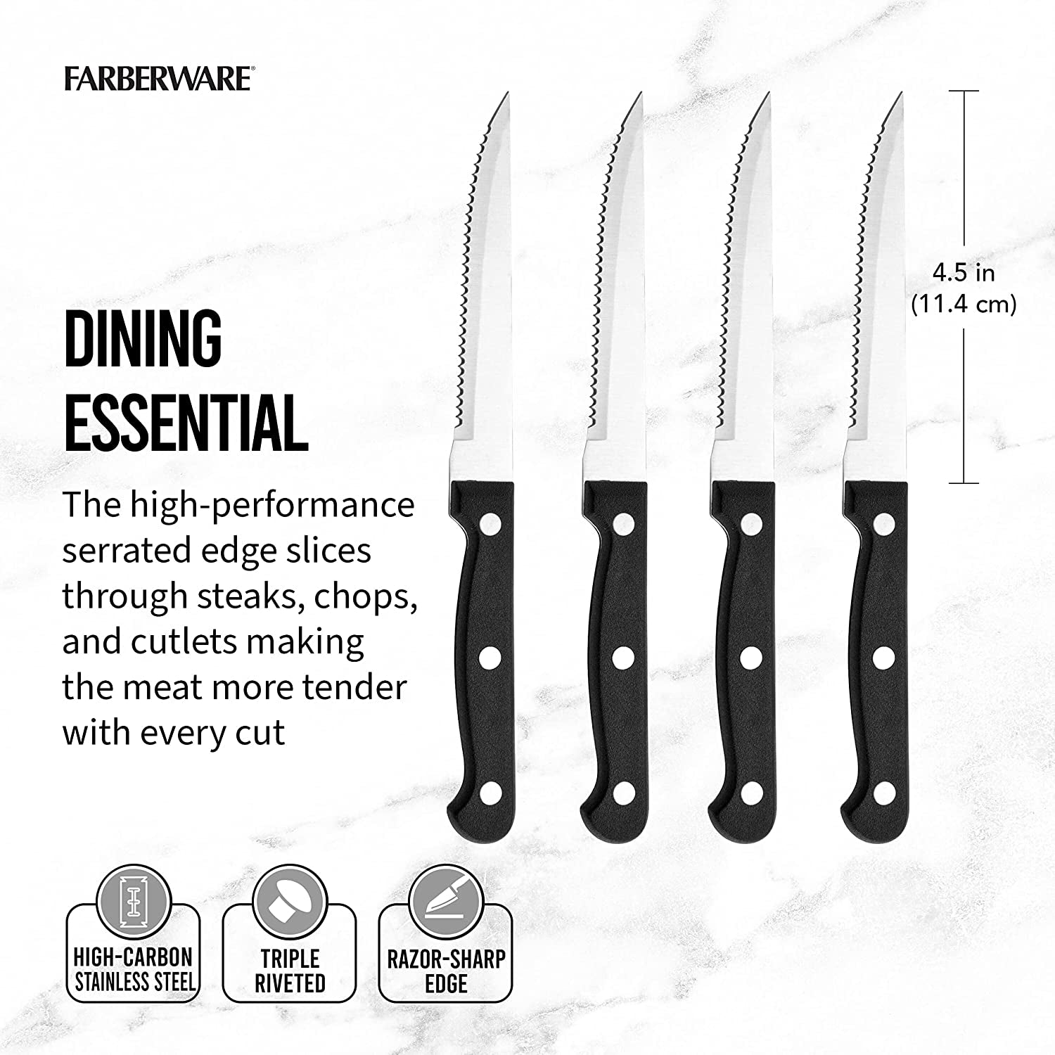 Stamped Triple Rivet High Carbon Stainless Steel Steak Knife Set, 4-Piece, Black