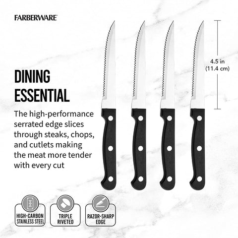 Image of Stamped Triple Rivet High Carbon Stainless Steel Steak Knife Set, 4-Piece, Black