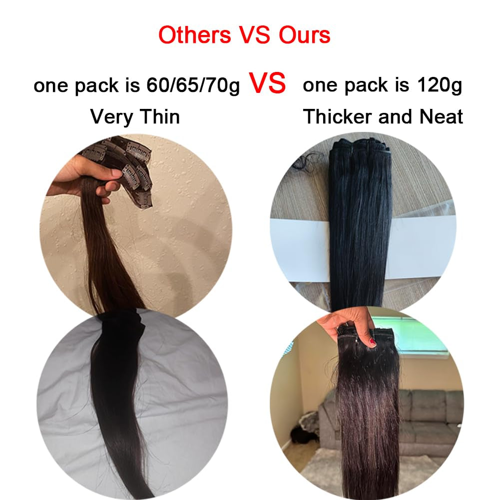 Clip in Hair Extensions Real Human Hair 120G Straight Human Hair Clip in Extensions for Black Women Remy Hair Double Weft 8Pcs with 20 Clips 16Inch Natural Black Color