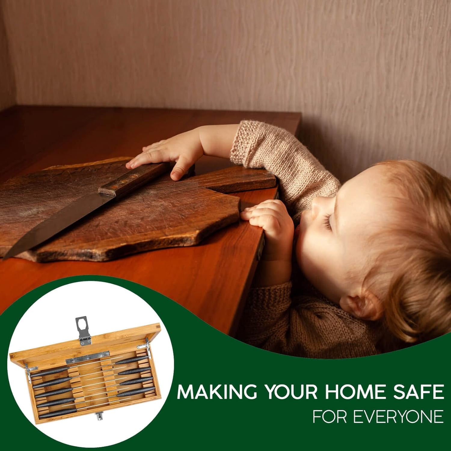 Bamboo Kitchen Knife Storage Box with Lock - Safe and Secure Knife Organizer - Stash Box to Keep Your Children Safe from Knives and Sharp Objects (Knives Not Included)