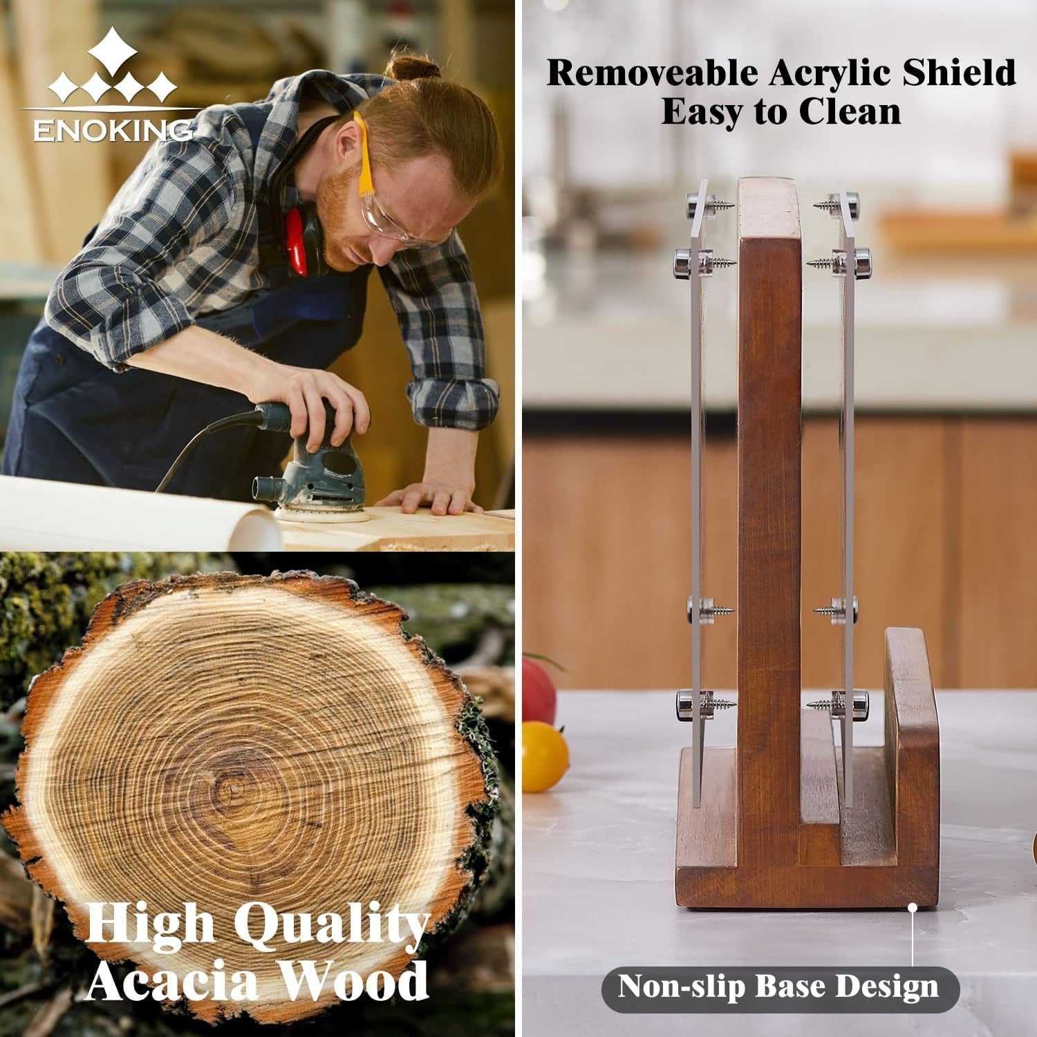 Magnetic Knife Block with Acrylic Shield, Double Side Kitchen Knife Holder without Knives- Acacia Wood Universal Knife Storage Organizer with Powerful Magnet for Kitchen Counter