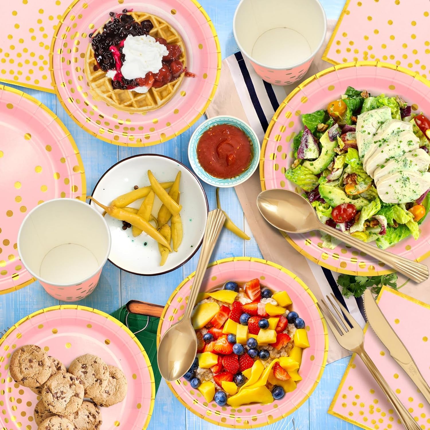 Pink Gold Paper Party Supplies,350Pcs Golden Dot Paper Tableware Serve 50,Include Paper Plates,Napkins,Cups,Forks,Knives,Spoons,For Baby Shower,Girls Birthday,Anniversary,Wedding