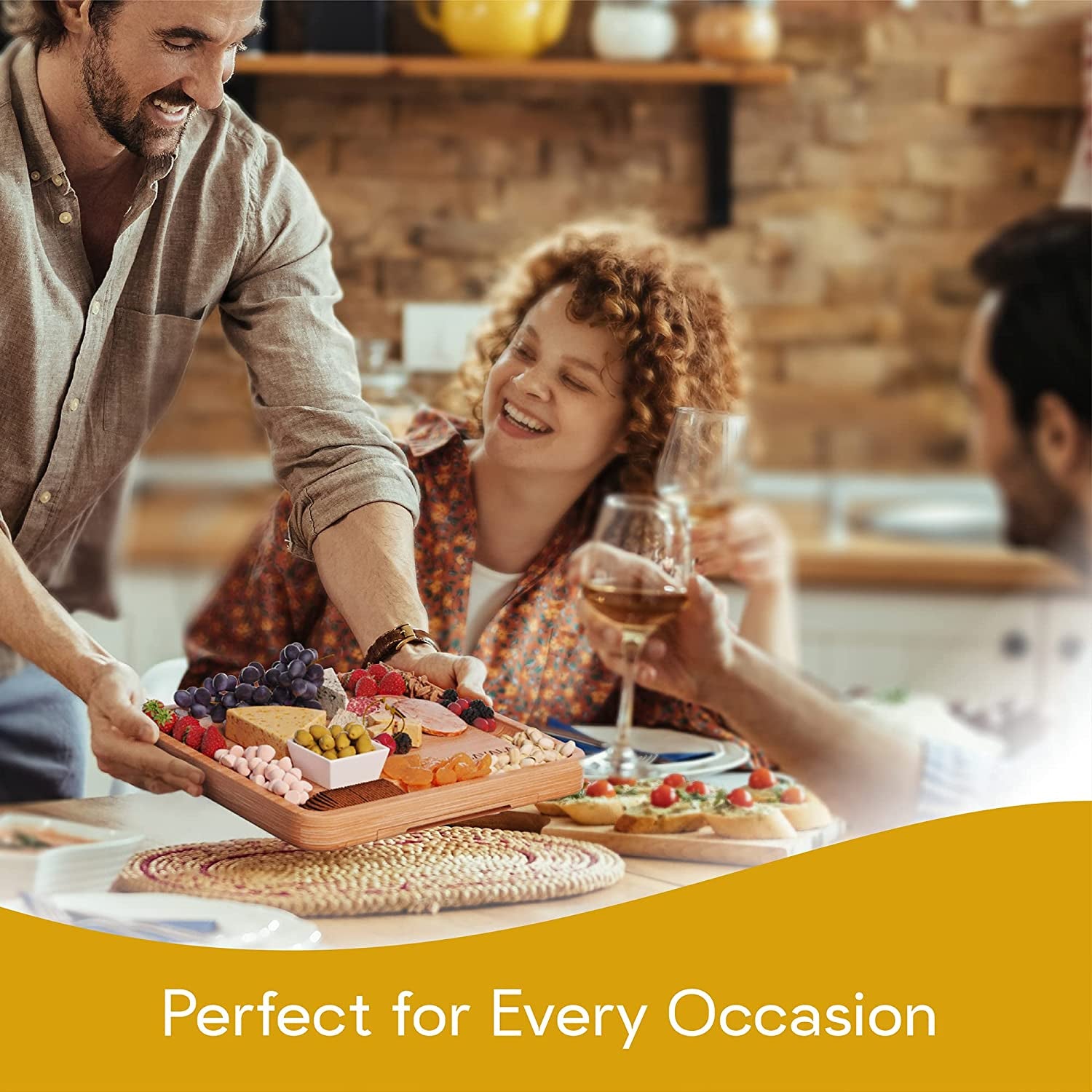 Bamboo Cheese Board Set - Includes 4 Cheese Knives & 10 Cheese Forks- Charcuterie Board Set, Fruit, Cured Meat Serving Platter with Drawer- Ideal for Parties & Events