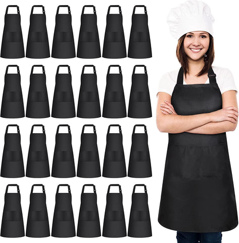 Image of 24 Pack Adjustable Bib Apron with 2 Pockets Cooking Kitchen Aprons Black Chef Apron Water Oil Stain Resistant BBQ Work Apron for Women Men Drawing Crafting Outdoors Smock