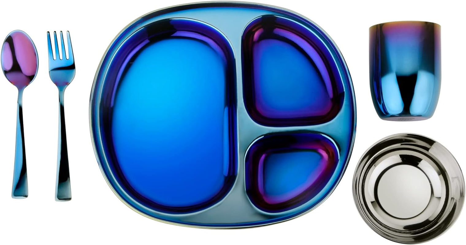 Stainless Steel Dinner Set - 5 Piece Mindful Mealtime Set | Pediatrician Designed Stainless Steel Plates for Kids, Toxin Free Stainless Steel Dinnerware Set | 100% BPA Free (Iridescent Blue)