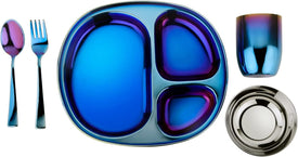 Stainless Steel Dinner Set - 5 Piece Mindful Mealtime Set | Pediatrician Designed Stainless Steel Plates for Kids, Toxin Free Stainless Steel Dinnerware Set | 100% BPA Free (Iridescent Blue)