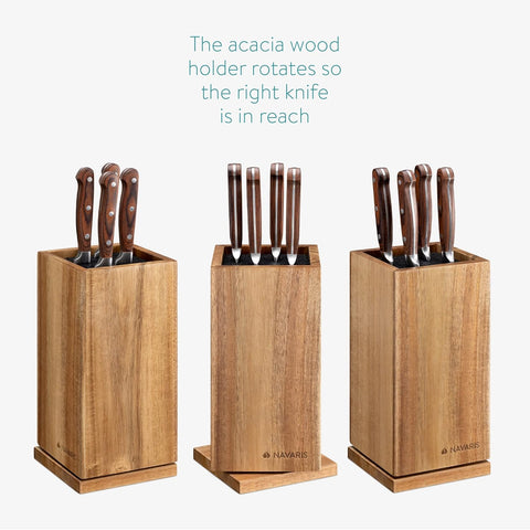 Image of Rotating Wood Knife Block - Magnetic Universal Holder without Knives - Kitchen Storage with Plastic Bristles and Magnetic Sides - Acacia