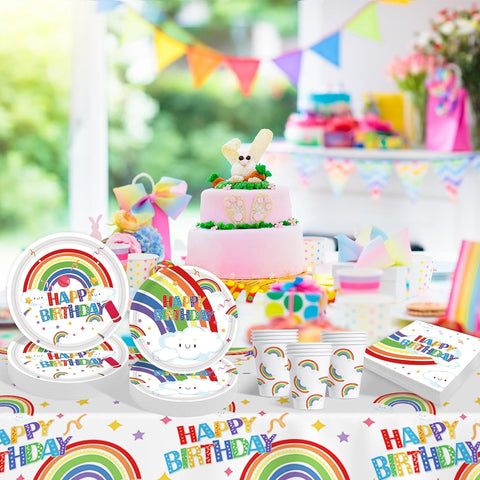 Image of Rainbow Birthday Party Decoration Supplies: 176PCS Rainbow Paper Plates Set(25 Guest) with Rainbow Plates Napkins Cups Tablecloth Plastic Forks Knives Spoon for Rainbow Theme Birthday Party for Kids