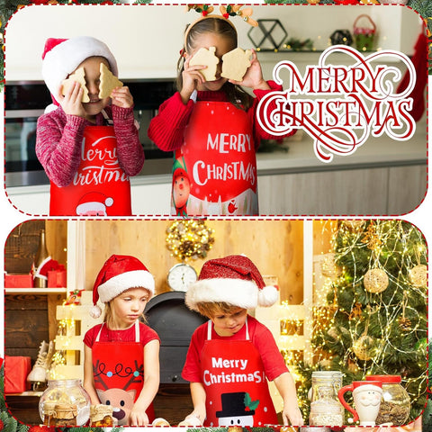 4 Sets Christmas Kids Apron and Chef Hat Boys Girls Aprons with 2 Pockets Hats Cooking Kitchen Painting Baking Wear