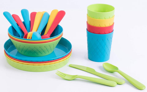 Kids Dinnerware Set for 4 | 24 Piece Plastic Dishes Dinnerware Sets | Dinnerware Set Plastic 4 Plates, 4 Bowls, 4 Cups, 4 Forks, 4 Knives, and 4 Spoons