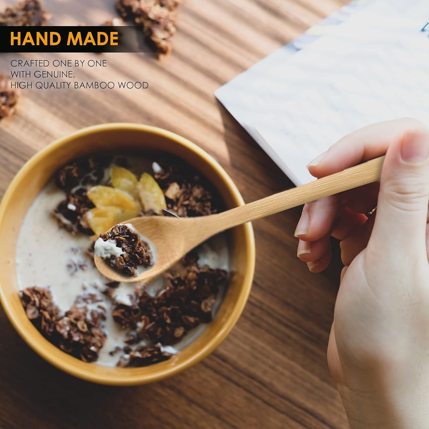 Bamboo Cutlery Set (6 Pieces with Case) - Reusable Cutlery Set - 2X Wooden Spoons, Forks, Knives Made of Compostable Bamboo - Travel Cutlery Set - Chic Flatware Set for Eating