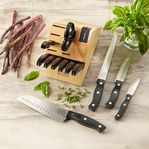 Image of Ellsworth (13-PC) Kitchen Knife Block Set with Wooden Block & Built-In Sharpener, Ergonomic Handles and Stainless Steel Professional Chef Knife Set & Scissors with Bottle Opener