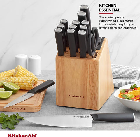 Image of Classic 15 Piece Knife Block Set with Built in Knife Sharpener, High Carbon Japanese Stainless Steel Kit & Gourmet 4-Sided Stainless Steel Box Grater with Detachable Storage