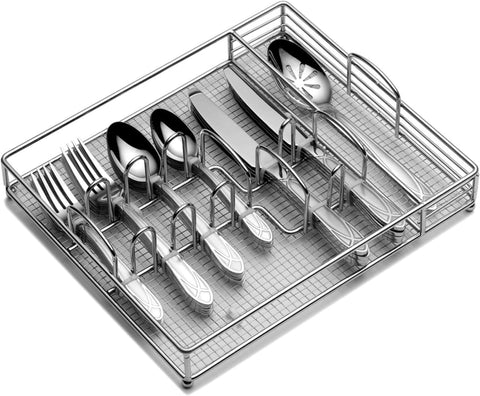 Image of Mirage Frost 45-Piece Stainless Steel Flatware Set with Serving Utensil Set and Metal Storage Caddy, Service for 8