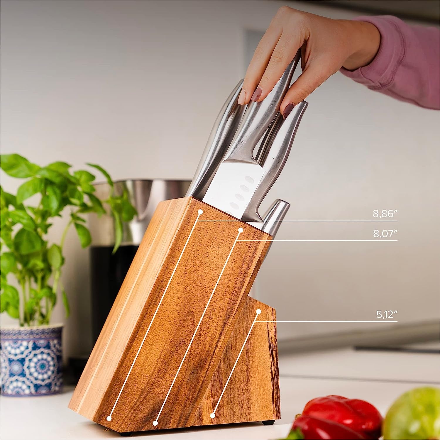 Acacia Wood Kitchen Knife Block - Professional Quality Wood Knife Organizer - Convenient & Secure Knife Stand to save Space & Keep Knives Neat & Sharp - Knife Blocks for Kitchen Knife Storage