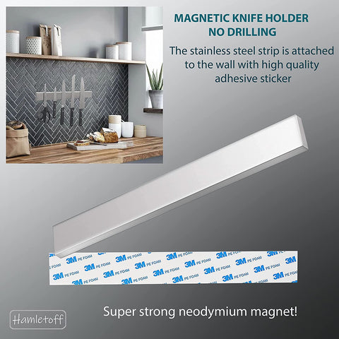 Image of Magnetic Knife Holder for Wall No Drilling – 16 Inch Stainless Steel Magnetic Knife Holder Self Adhesive - Kitchen Magnetic Knife Strip with Adhesive Sticker