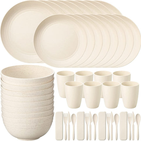 Image of 56 Pcs Wheat Straw Dinnerware Sets for 8 Reusable Plates and Bowls Set, Plastic Children Cups, Forks, Knives and Spoon Dishwasher Microwave Safe for Kitchen Camping Party Picnic Outdoor (Beige)