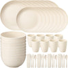 56 Pcs Wheat Straw Dinnerware Sets for 8 Reusable Plates and Bowls Set, Plastic Children Cups, Forks, Knives and Spoon Dishwasher Microwave Safe for Kitchen Camping Party Picnic Outdoor (Beige)