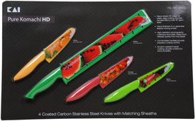 4 Coated Carbon Stainless Steel Knives with Matching Sheaths (Melon, Citrus, Tomato, and Berry)