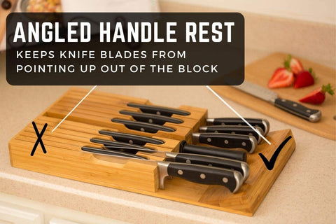 Image of In-Drawer Bamboo Knife Block Holds 12 Knives (Not Included) without Pointing up plus a Slot for Your Knife Sharpener!  Knife Organizer Made from Quality Moso Bamboo