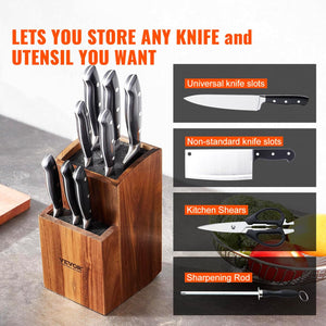 Universal Knife Holder, Acacia Wood Knife Block without Knives, Two-Tier Knife Storage Stand with PP Brush, Extra Large Multifunctional Wooden Knife Organizer, Knife Rack for Kitchen Counter