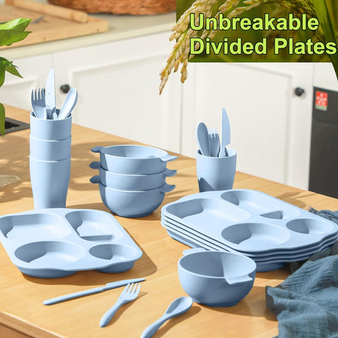 Image of 24 Pcs Wheat Straw Dinnerware Cutlery Sets, Kids Toddlers Divided Plates Unbreakable Bowl Microwave Dishwasher Safe Tableware Cutlery Spoon Knife Fork Cup (Blue)