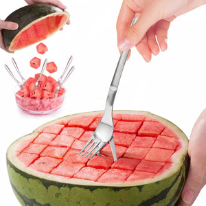 2 Packs 2-In-1 Watermelon Slicer Cutter & 4 Pieces Stainless Steel Fruit Fork, Watermelon Fork Slicer Artifact, Summer Watermelon Cutting Tool for Family Parties Camping