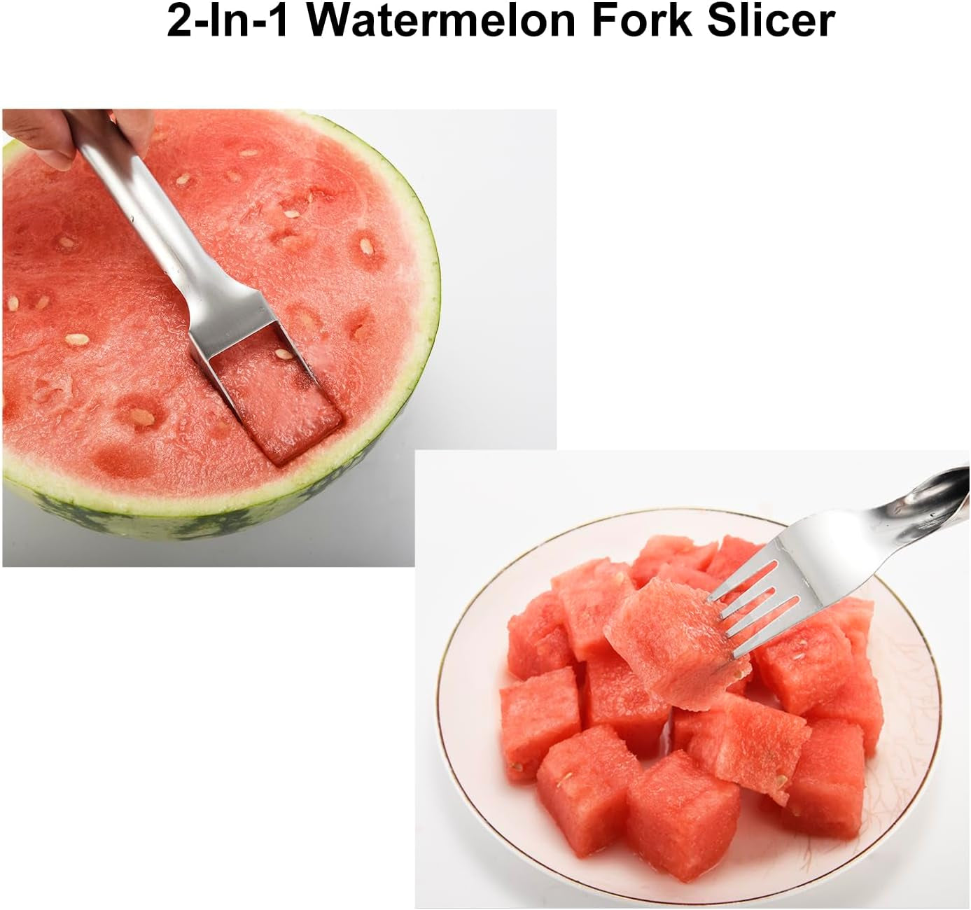 2Pcs Watermelon Fork Slicer Cutter, 2-In-1 Stainless Steel Watermelon Fork Slicer, Portable Watermelon Fork Watermelon Cutting Tool Fruit Forks Slicer for Home Party Camping Kitchen Cutting Artifact