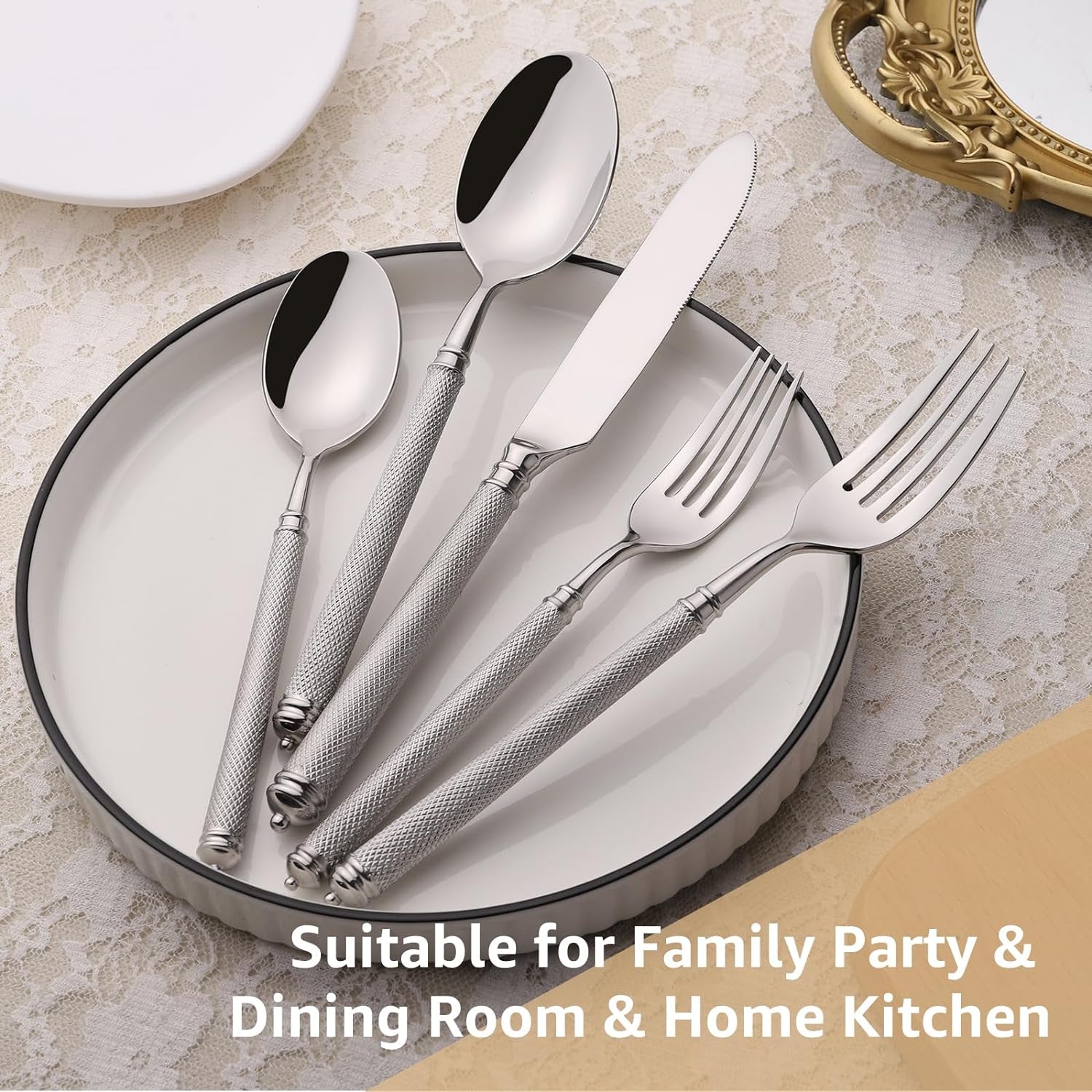 20Pcs 18/10 Stainless Steel Silver Forged Manual Polishing Flatware Set with Luxury Domess Handle Dishwasher Safe Home Hotel Restaurant Use Wedding Housewarming Gift
