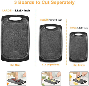 Plastic Cutting Board, Set of 3 Small to Large Cutting Board Set Dishwasher Safe with Juice Grooves, Easy Grip Handle, Non-Slip, with Grinding Area for Grinding Garlic and Ginger Cutting Boards