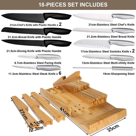 Image of Bamboo In-Drawer Knife Block Set for 16 Knives(Not Included), Large Kitchen Detachable Washable Cutlery Slot Organizer Storage Holder for Sharpening Steel and Cutter