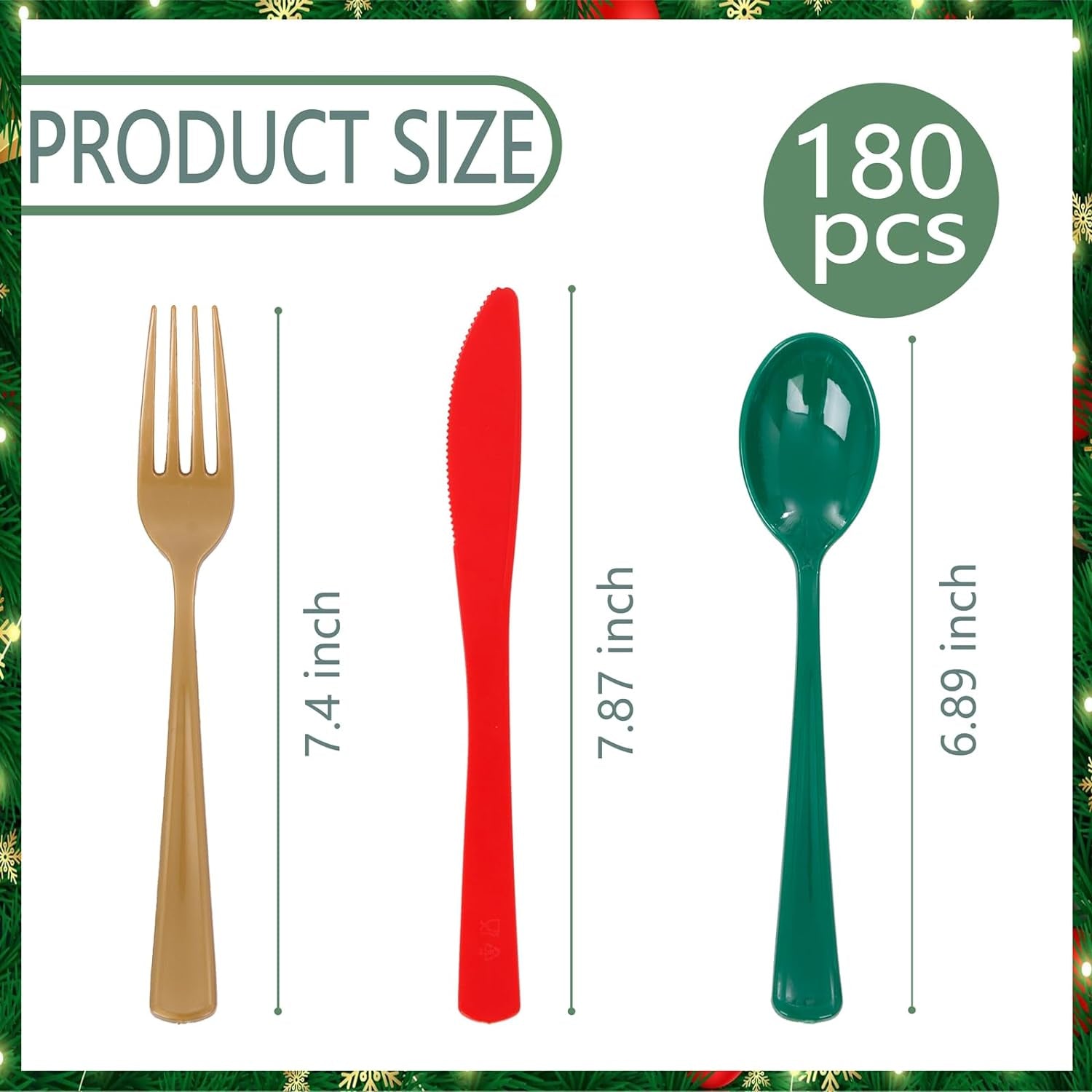 180 Pieces Disposable Plastic Christmas Silverware Cutlery - Plastic Flatware Set 60 Gold Forks, 60 Red Knives and 60 Green Spoons - Heavy Duty Gold Plastic Cutlery - Gold Utensils for Christmas