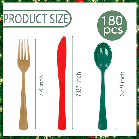 Image of 180 Pieces Disposable Plastic Christmas Silverware Cutlery - Plastic Flatware Set 60 Gold Forks, 60 Red Knives and 60 Green Spoons - Heavy Duty Gold Plastic Cutlery - Gold Utensils for Christmas