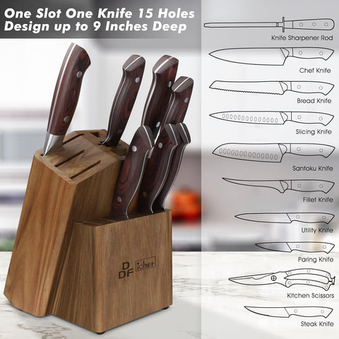 Universal Knife Block 15 Slots, Acacia Wood Knife Block without Knives, Knife Storage Block, Countertop Block Knife Holder and Organizer for Easy Kitchen Knife Storage