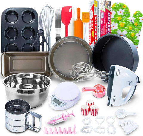 Image of Baking Set for Kids and Adults - (60 PCS SPECIAL BAKERY EQUIPMENT and TOOLS) with Hand Mixer, BONUS Recipe Guide, Cake Pans, and More Utensils!