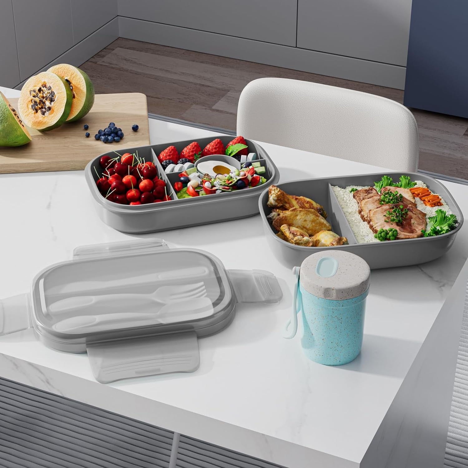 Bento Lunch Box for Kids, Lunch Bento Box Container Leak-Proof for Kids Adults Teens School, Upgrade Lunch Containers Gray Set