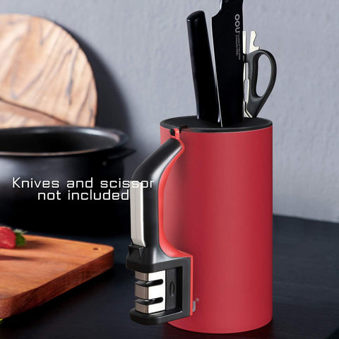 Image of Universal Knife Block Holder - round Kitchen Knife Storage Unique Slot Design to Protect Blades, Space Saver Knife Organizer Detachable for Easy Cleaning, Red