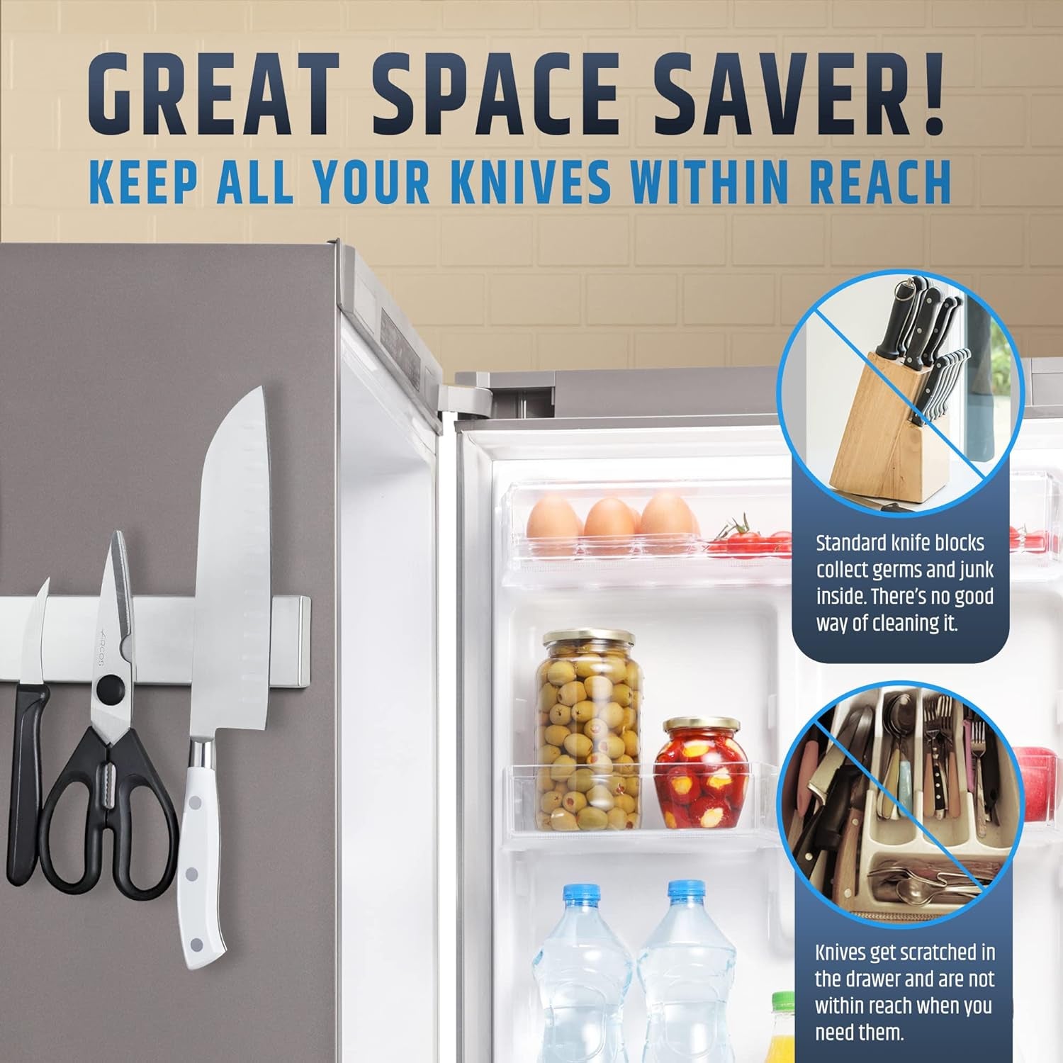 Fridge Applicable Stainless Steel Magnetic Knife Holder with Anti-Slide Upgrade - 22 Inch Professional Double Sided Knife Strip for Refrigerator - Knife Rack/Knife Bar with Powerful Pull Force