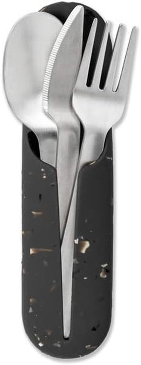 Porter Stainless Steel Utensils with Silicone Carrying Case | Terrazzo Charcoal | Spoon, Fork & Knife for Meals on the Go | Portable and Compact Set