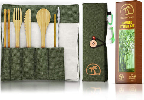 Image of 9-Piece Bamboo Utensil Set – Reusable Cutlery Travel Set – Portable Bamboo Flatware for Kids & Adults – Bamboo Fork, Knife, Spoon, Chopsticks – Comes in a Well-Designed Washable Case