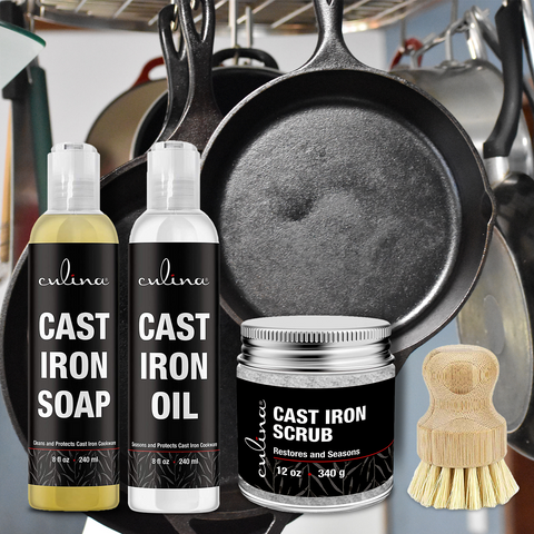 Image of Culina Cast Iron Soap Set | Conditioning Oil | Stainless Scrubber | Restoring Scrub | All Natural Ingredients | Best for Cleaning, Non-stick Cooking & Restoring | for Cast Iron Cookware, Skillets, Pans & Grills!… - Livananatural