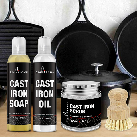 Image of Culina Cast Iron Soap Set | Conditioning Oil | Stainless Scrubber | Restoring Scrub | All Natural Ingredients | Best for Cleaning, Non-stick Cooking & Restoring | for Cast Iron Cookware, Skillets, Pans & Grills!… - Livananatural