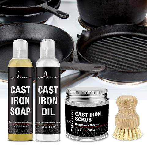 Image of Culina Cast Iron Soap Set | Conditioning Oil | Stainless Scrubber | Restoring Scrub | All Natural Ingredients | Best for Cleaning, Non-stick Cooking & Restoring | for Cast Iron Cookware, Skillets, Pans & Grills!… - Livananatural