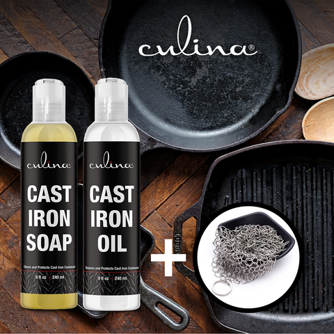Image of Culina Cast Iron Soap Set | Conditioning Oil | Stainless Scrubber | All Natural Ingredients | Best for Cleaning, Non-stick Cooking & Restoring | for Cast Iron Cookware, Skillets, Pans & Grills!… - Livananatural