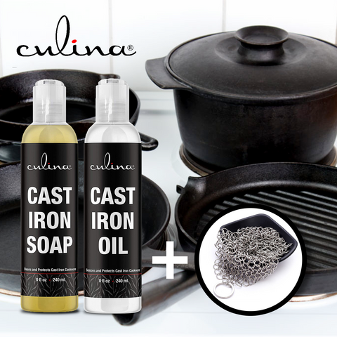Image of Culina Cast Iron Soap Set | Conditioning Oil | Stainless Scrubber | All Natural Ingredients | Best for Cleaning, Non-stick Cooking & Restoring | for Cast Iron Cookware, Skillets, Pans & Grills!… - Livananatural